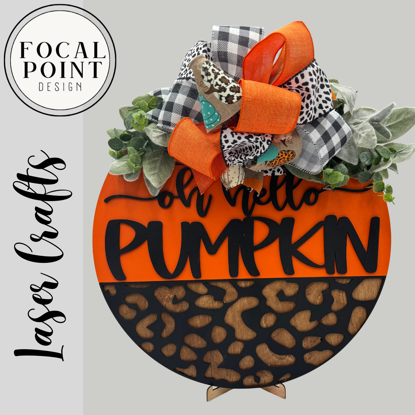 “Oh Hello Pumpkin” Fall Door Hanger with Cheetah Accent – Autumn Front Door Décor