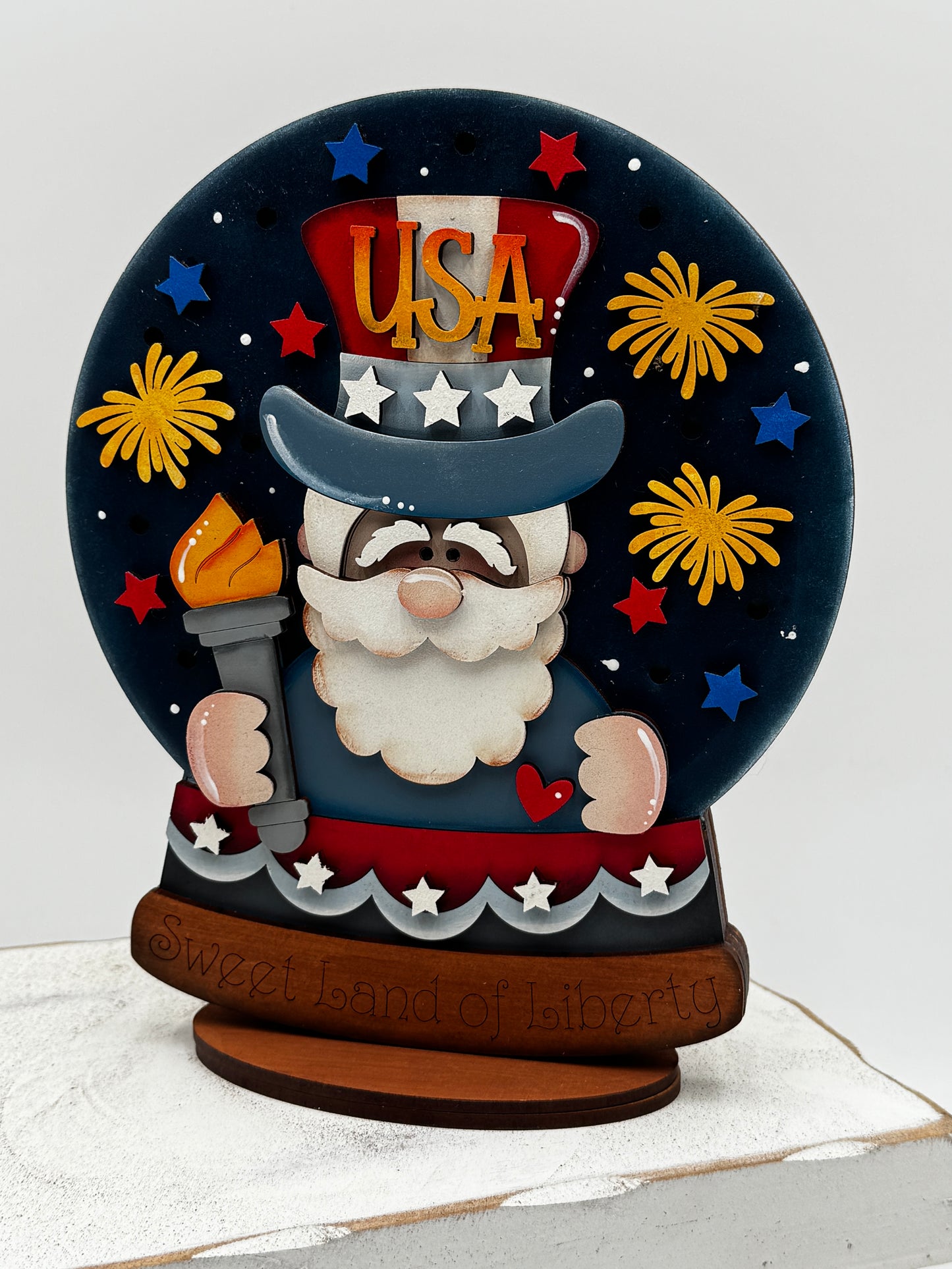 Handcrafted Light-Up Patriotic Uncle Sam Wooden Centerpiece
