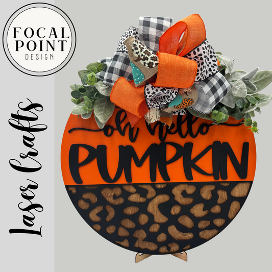 “Oh Hello Pumpkin” Fall Door Hanger with Cheetah Accent – Autumn Front Door Décor