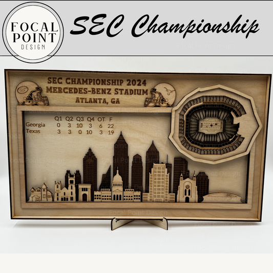 2024 SEC Championship 3D Laser stadium, Atlanta Skyline. University of Georgia