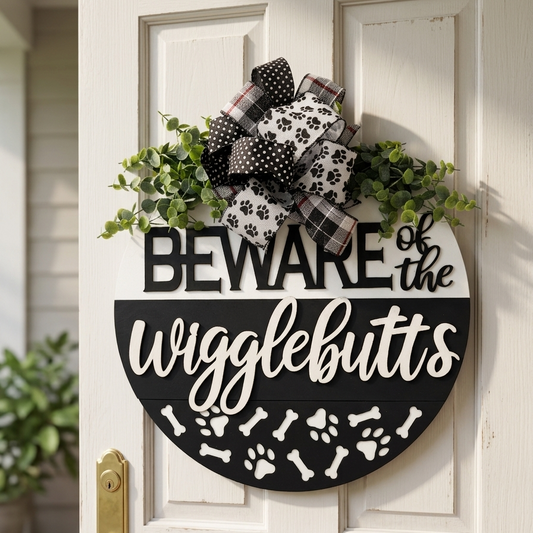 "Beware of the Wigglebutts" Dog Lover Door Hanger – Funny Pet Front Door Sign