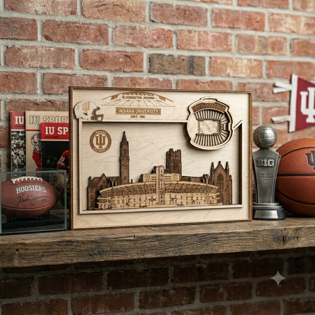 Layered Laser Engraved Indiana Memorial Stadium Wall Art | Wooden Stadium Map | Indiana Hoosiers Fan Gift
