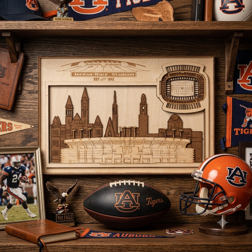 3D Layered Wooden Jordan-Hare Stadium Wall Art | Auburn Football Gift