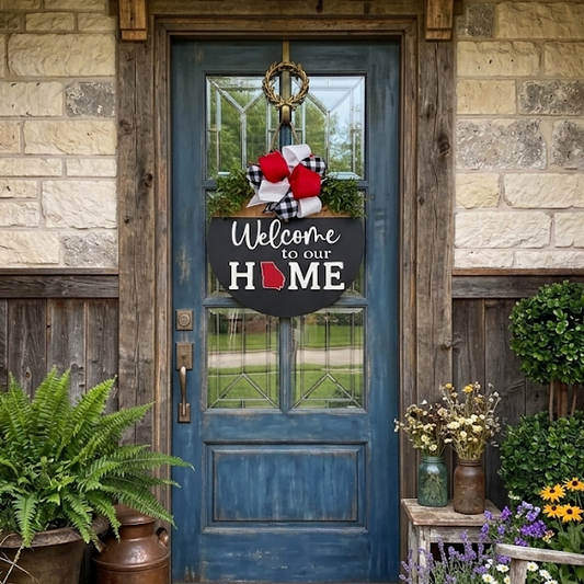 Welcome to Our Home Georgia State 18-Inch Round Wooden Door Hanger | Handcrafted Southern Porch Decor