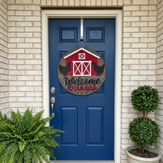Welcome to Our Coop 18-Inch Round Wooden Door Hanger | Handcrafted Farmhouse Decor